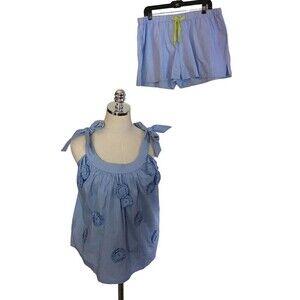 NEW Gretchen Scott Blue 2 Pc Top/Shorts Pajamas Size MEDIUM Girly Girl Embroider